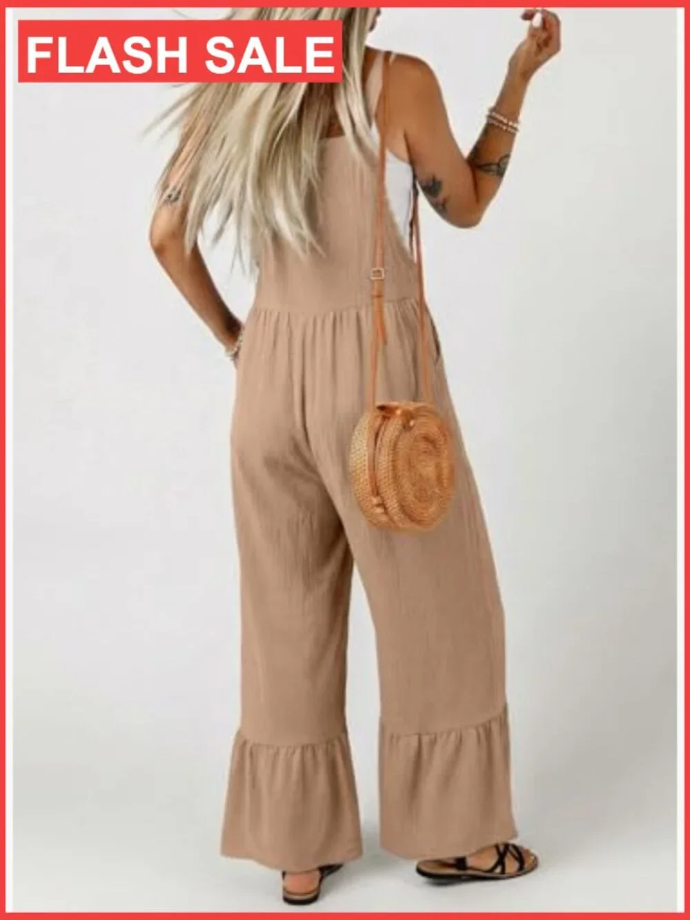 Lace Casual Overalls Jumpsuit Wide Leg Ruffle Pants Romper with Pockets - Picture 3 of 4